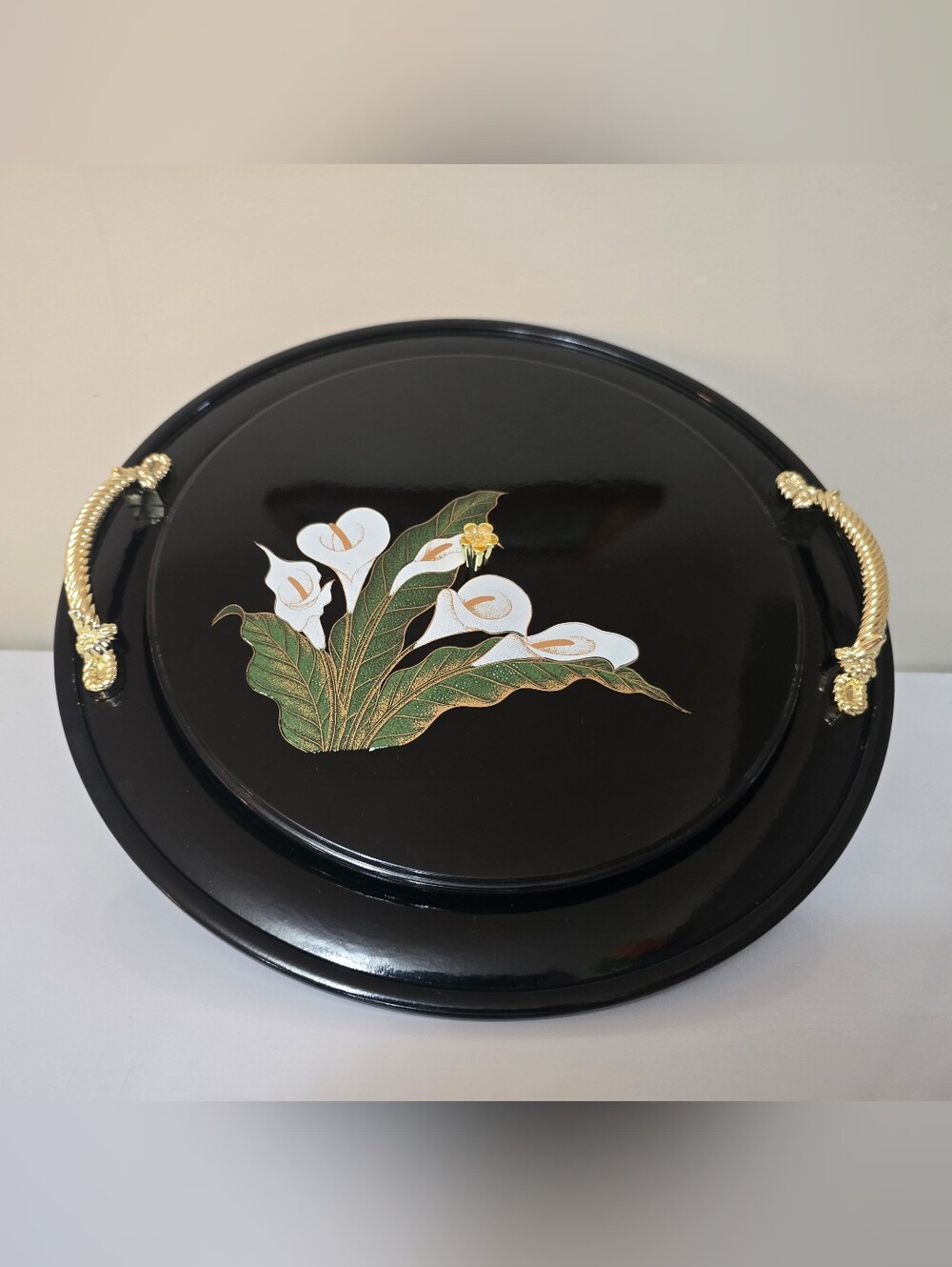 Japanese Vintage Black Floral Round Serving Tray with Gold Rope Handles